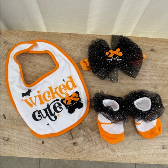 Nordstrom Other - Baby Girl Halloween Outfit Set “Wicked Cute” Bib, Cat Bow Headband, Socks NWOT